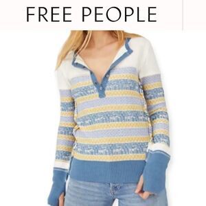 NEW XL FREE PEOPLE BLUE YELLOW CREAM NORDIC BUTTON SWEATER Apres Ski NWT